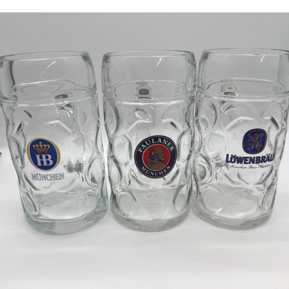 Vintage German Beer Stein Set 3 Paulaner Hofbrauhaus Lowenbrau 1L Octoberfest